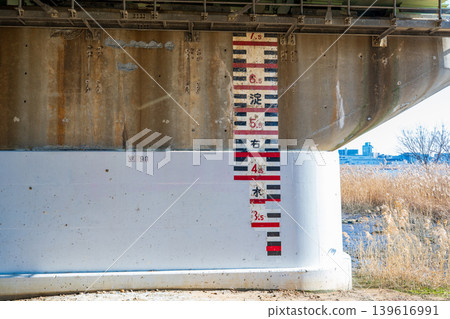 Warning water level indicator displayed on bridge piers - Yodo River, Osaka City 139616991