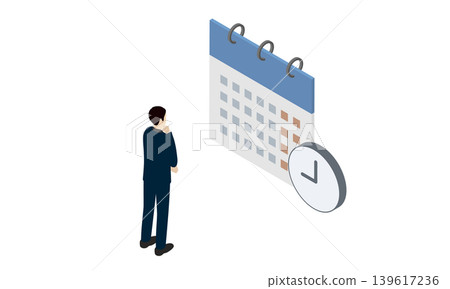 An isometric illustration of a businessman managing his schedule with a calendar and clock. 139617236