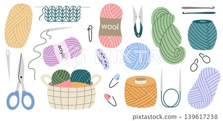 Knitting supplies set, colored flat clip art Knitting supplies set, colored flat clip art 139617238
