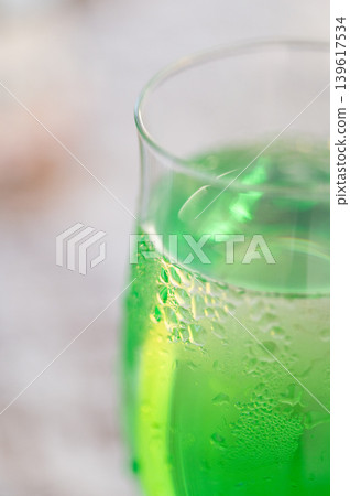 Water droplets on a glass of melon juice Water droplets on a glass of melon juice 139617534