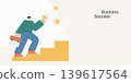Flat design of a confident character climbing stairs while holding a briefcase and reaching for star bursts, symbolizing business success and career growth, ideal for motivation and corporate content. 139617564