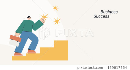 Flat design of a confident character climbing stairs while holding a briefcase and reaching for star bursts, symbolizing business success and career growth, ideal for motivation and corporate content. 139617564