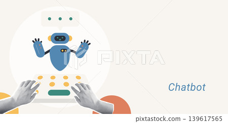 Trendy Halftone Collage of two halftone hands typing on a keyboard with a friendly robot and speech bubble, symbolizing chatbot and AI assistant, ideal for technology and customer service content. 139617565