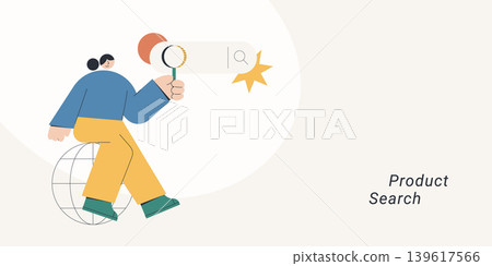 Flat design of a character holding a magnifying glass toward a search bar while standing on a globe, symbolizing product search and global discovery, ideal for e-commerce and digital marketing content 139617566
