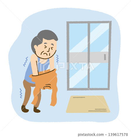 A senior man looking cold in the changing room 139617578