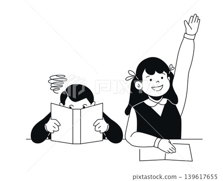 Kids Studying at School - Black and White Flat Design Illustration Kids Studying at School - Black and White Flat Design Illustration 139617655