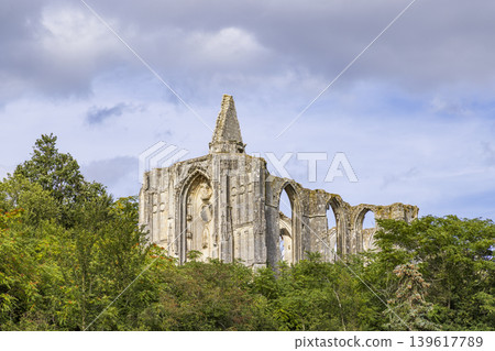 Mailly abbey ruins standing above green trees in France Mailly abbey ruins standing above green trees in France 139617789