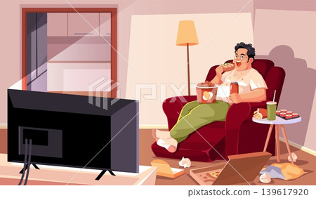 Gluttony people. Fat man eats fast food while watching tv, bad habit, overeating and bulimia, obsessive eating disorder, fast food snacks and soda, tidy vector cartoon isolated concept Gluttony people. Fat man eats fast food while watching tv, bad habit, overeating and bulimia, obsessive eating disorder, fast food snacks and soda, tidy vector cartoon isolated concept 139617920