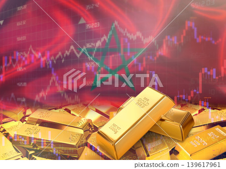 Gold bars on Moroccan flag in background. Gold bars stacked on Moroccan flag. Concept of Morocco gold reserves Gold bars on Moroccan flag in background. Gold bars stacked on Moroccan flag. Concept of Morocco gold reserves 139617961