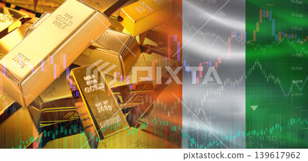 Gold bars stacked on Ivorian flag. Ivory Coast gold reserves, Concept Gold bars stacked on Ivorian flag. Ivory Coast gold reserves, Concept 139617962