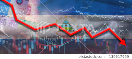 Nicaraguan financial crisis on economic graph. Financial fall of Nicaragua on economy market Nicaraguan financial crisis on economic graph. Financial fall of Nicaragua on economy market 139617969