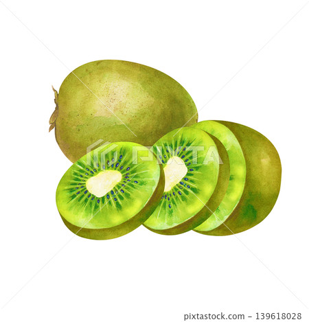 Watercolor illustration of kiwi fruit on a isolated background. The composition with one whole fuzzy kiwi and three green slices with small black seeds. Botanical element for food packaging, healthy Watercolor illustration of kiwi fruit on a isolated background. The composition with one whole fuzzy kiwi and three green slices with small black seeds. Botanical element for food packaging, healthy 139618028