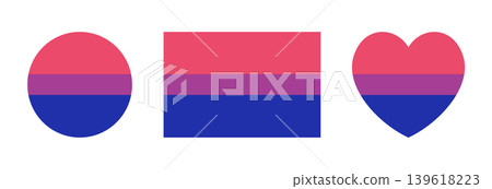 Bisexual flag sticker, icon in heart, circle, rectangle shape. Bisexuality symbol movement lgbt heart, round, rectangular button, badge set. Design element of sexual minorities. Bisexual flag sticker, icon in heart, circle, rectangle shape. Bisexuality symbol movement lgbt heart, round, rectangular button, badge set. Design element of sexual minorities. 139618223