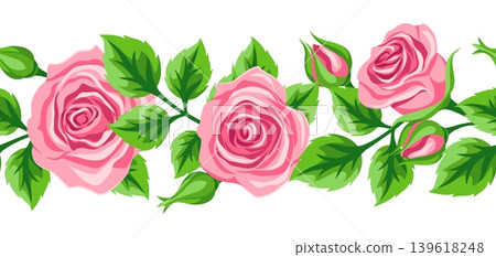 Seamless pattern with roses. Beautiful realistic flowers, buds and leaves. Seamless pattern with roses. Beautiful realistic flowers, buds and leaves. 139618248