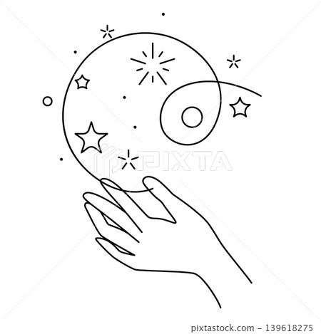 Magic stars in hand. Palm hold or gives celestial body. Line art style. Magic stars in hand. Palm hold or gives celestial body. Line art style. 139618275