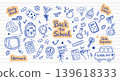 Large hand drawn back to school doodle set with education elements, school supplies, icons and motivational lettering on light background. Cute cartoon vector collection for kids and students. 139618333