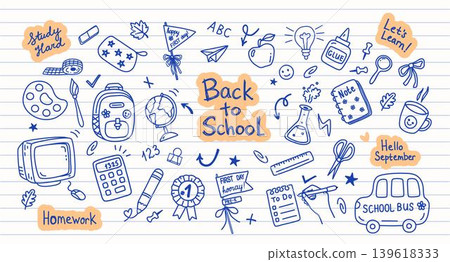 Large hand drawn back to school doodle set with education elements, school supplies, icons and motivational lettering on light background. Cute cartoon vector collection for kids and students. 139618333