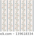 Seamless vintage floral stripe pattern with climbing botanical vines, bell flowers and roses in pastel blue, blush pink and sage green on cream background. Perfect for fabric and wallpaper. 139618334