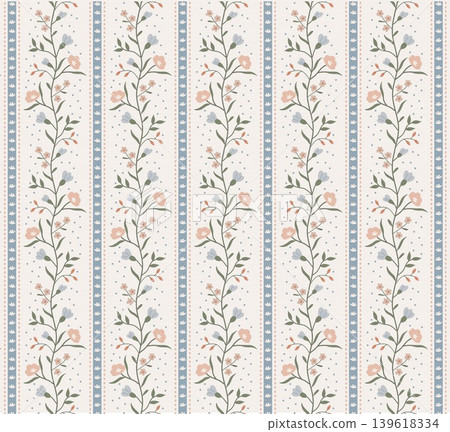 Seamless vintage floral stripe pattern with climbing botanical vines, bell flowers and roses in pastel blue, blush pink and sage green on cream background. Perfect for fabric and wallpaper. Seamless vintage floral stripe pattern with climbing botanical vines, bell flowers and roses in pastel blue, blush pink and sage green on cream background. Perfect for fabric and wallpaper. 139618334