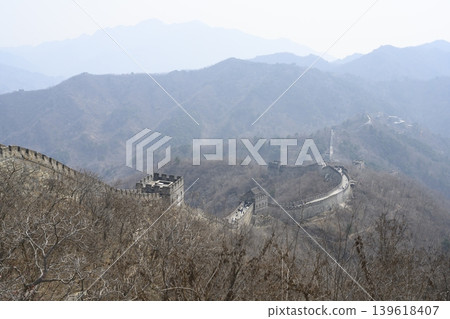 View of the Great Wall of China in the mountains in Mutianyu district, China View of the Great Wall of China in the mountains in Mutianyu district, China 139618407
