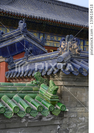 Colorful antique ceramic tiles on buildings around the ancient Temple of Heaven in Beijing, China Colorful antique ceramic tiles on buildings around the ancient Temple of Heaven in Beijing, China 139618418