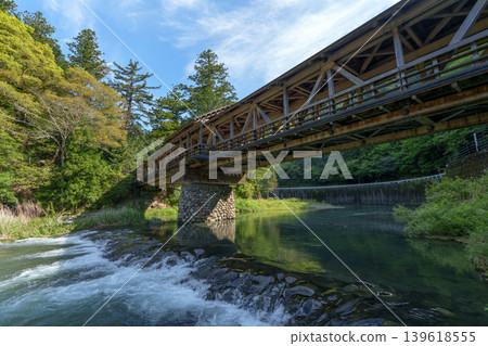 The beautiful wooden bridge of Mishima Shrine, spanning the Yusuhara River. The beautiful wooden bridge of Mishima Shrine, spanning the Yusuhara River. 139618555