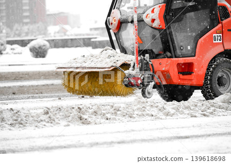 Rotary brush of a sidewalk snow removal machine . Rotary brush of a sidewalk snow removal machine . 139618698