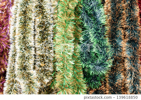 Celebration backdrop, party decorations . Festive colorful tinsel as background Celebration backdrop, party decorations . Festive colorful tinsel as background 139618850