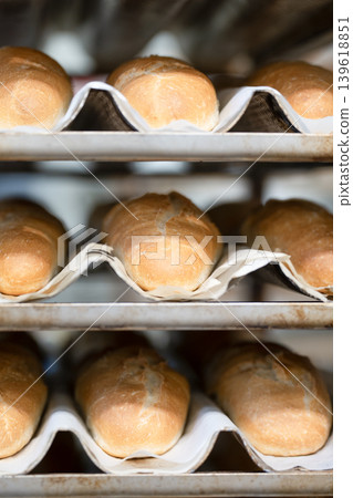 Close up view of Freshly baked bagels on a metal rack in a bakery . Fresh baked goods background . Vertical shot Close up view of Freshly baked bagels on a metal rack in a bakery . Fresh baked goods background . Vertical shot 139618851