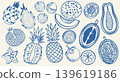 Minimalist blue line art set of exotic tropical fruits. Vintage style icons of pineapple, dragon fruit, and papaya for organic market, healthy food packaging, and summer design. 139619186