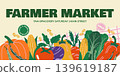 Horizontal banner for a farmer market event. Features a arrangement of fresh autumn vegetables including pumpkin, corn, tomatoes, and peppers. 139619187