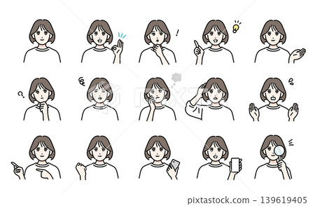 一組展現年輕女性各種臉部表情的頭像。 一組展現年輕女性各種臉部表情的頭像。 139619405