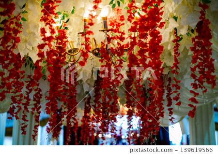 Red and White Hanging Artificial Flower Decoration on Wedding Pergola Red and White Hanging Artificial Flower Decoration on Wedding Pergola 139619566