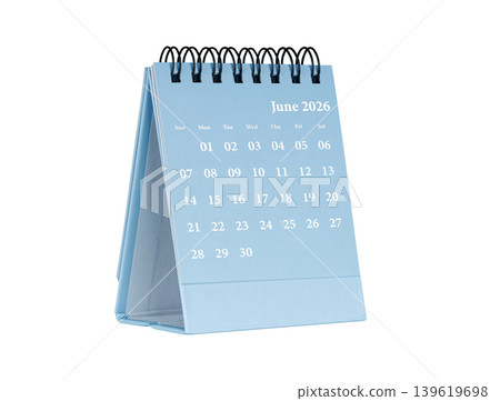 Desktop calendar for June 2026 in blue colour. Mini planner for business and finance, spiral view on isolated white background Desktop calendar for June 2026 in blue colour. Mini planner for business and finance, spiral view on isolated white background 139619698