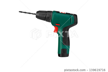 Cordless power drill with drill bit isolated on white background Cordless power drill with drill bit isolated on white background 139619716
