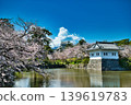 從護城河上眺望城堡塔樓，河面上櫻花盛開。 139619783