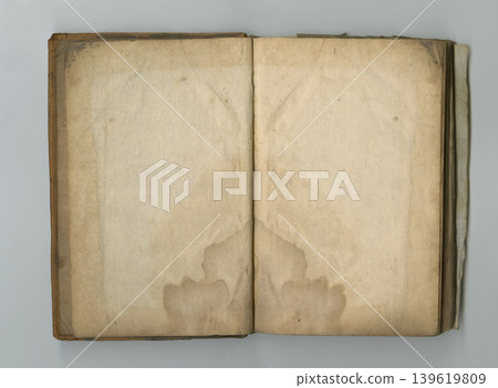 Old book, parchment and blank paper in vintage texture or faded water damage on page. Ancient, manuscript and empty document in history with aged, stained and mold on pages in journal from archive Old book, parchment and blank paper in vintage texture or faded water damage on page. Ancient, manuscript and empty document in history with aged, stained and mold on pages in journal from archive 139619809