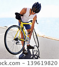 Man, bicycle and wheel service on road for safe cycling transport, performance or puncture. Male person, tyre and gear improvement for speed or endurance or triathlon training, sport or practice 139619820