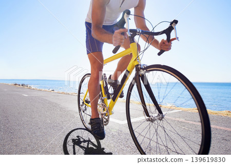 Cycling, street and sports person on bicycle travel, morning trip or journey for outdoor fitness, exercise or workout. Motion, body and athlete ride sustainable bike for adventure, hobby or training Cycling, street and sports person on bicycle travel, morning trip or journey for outdoor fitness, exercise or workout. Motion, body and athlete ride sustainable bike for adventure, hobby or training 139619830