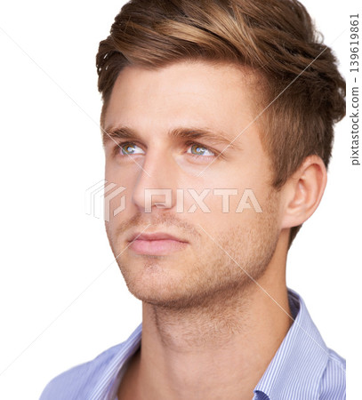 Businessman, face or thinking by white background in studio for small business vision, ideas or inspiration. Closeup, serious or male startup consultant on backdrop in planning future growth solution Businessman, face or thinking by white background in studio for small business vision, ideas or inspiration. Closeup, serious or male startup consultant on backdrop in planning future growth solution 139619861