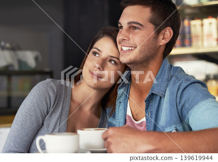 Love, happy and couple drinking coffee in cafe, care and bonding together on valentines day date. Romance, man and woman in restaurant with latte for connection, commitment and relationship in shop Love, happy and couple drinking coffee in cafe, care and bonding together on valentines day date. Romance, man and woman in restaurant with latte for connection, commitment and relationship in shop 139619944