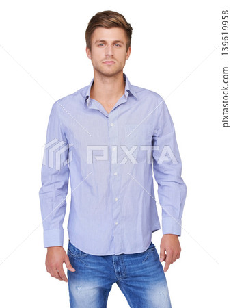 Man, portrait and fashion clothing by white background in studio for style, cool and trendy confidence. Serious expression, model and Australian male person on isolated backdrop space and outfit Man, portrait and fashion clothing by white background in studio for style, cool and trendy confidence. Serious expression, model and Australian male person on isolated backdrop space and outfit 139619958