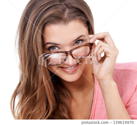 Woman, portrait and glasses for vision in studio, eyecare and prescription on white background. Happy female person, ophthalmology and spectacles for eyesight, frame and optic lenses for support Woman, portrait and glasses for vision in studio, eyecare and prescription on white background. Happy female person, ophthalmology and spectacles for eyesight, frame and optic lenses for support 139619970