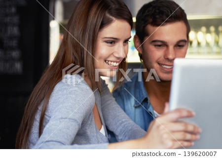 Tablet, smile and couple reading online news announcement, social network blog and scroll on digital album. Happiness, communication and marriage people on video call, app search or review media post 139620007