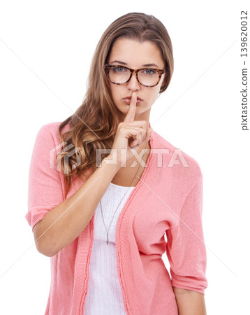 Portrait, silence and woman with finger on the lips, whisper and model isolated on white studio background. Face, person and girl with noise control, privacy and shush emoji with secret and news 139620012