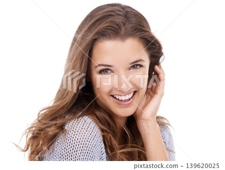 Portrait, hair and happy woman in studio for beauty, treatment or shampoo results on white background. Haircare, smile and female model with conditioner, shine or texture, growth and satisfaction Portrait, hair and happy woman in studio for beauty, treatment or shampoo results on white background. Haircare, smile and female model with conditioner, shine or texture, growth and satisfaction 139620025