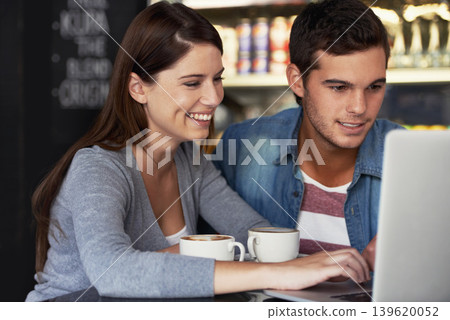 Laptop, coffee shop and couple for business owner planning customer experience, service insight or research. Restaurant, collaboration and team typing cafe feedback, hospitality review or online menu 139620052