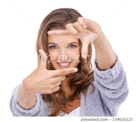 Woman, portrait and finger frame in studio to review profile picture, composition or creativity on white background. Happy model, hands and planning perspective of face, photography or perfect selfie 139620125