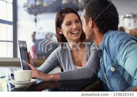 Tablet, restaurant and couple of people smile for cafe feedback, diner review and monitor web traffic to online menu. Remote work, freelance and team check social network for cafeteria reputation Tablet, restaurant and couple of people smile for cafe feedback, diner review and monitor web traffic to online menu. Remote work, freelance and team check social network for cafeteria reputation 139620193