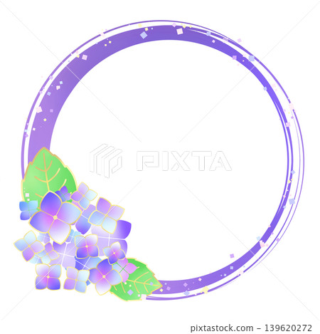 A cute, round, Japanese-style frame adorned with purple hydrangeas. 139620272